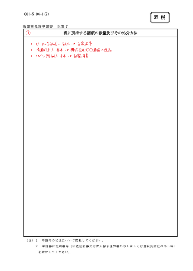 現に所持する酒類の数量及びその処分方法